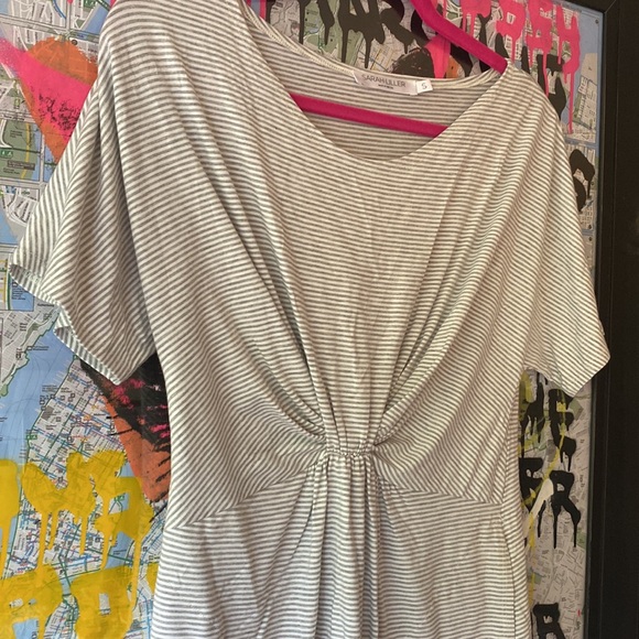 Short Sleeve Stripe Sundress Sz Small Jersey Knit Twist Front Grey White Pockets - Picture 5 of 7